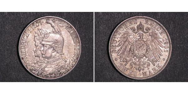 2 Mark Royaume de Prusse (1701-1918) Argent Wilhelm II, German Emperor (1859-1941)