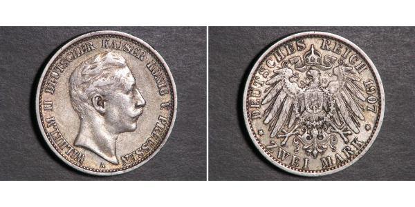 2 Mark Royaume de Prusse (1701-1918) Argent Wilhelm II, German Emperor (1859-1941)