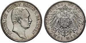 2 Mark Royaume de Saxe (1806 - 1918) Argent Frédéric-Auguste III de Saxe (1865-1932)