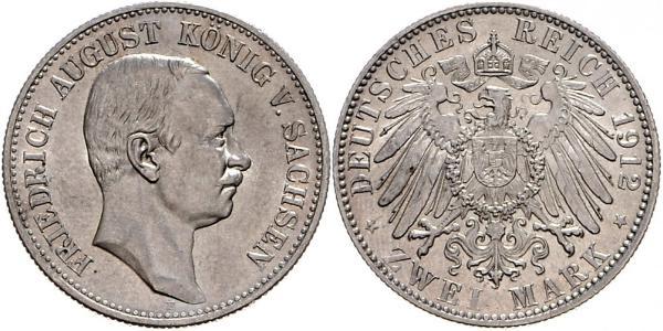 2 Mark Royaume de Saxe (1806 - 1918) Argent Frédéric-Auguste III de Saxe (1865-1932)