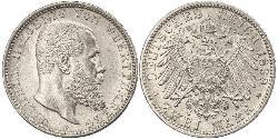 2 Mark Royaume de Wurtemberg (1806-1918) Argent Wilhelm II, German Emperor (1859-1941)