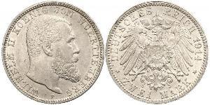 2 Mark Royaume de Wurtemberg (1806-1918) Argent Wilhelm II, German Emperor (1859-1941)