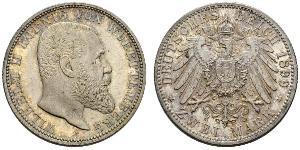 2 Mark Royaume de Wurtemberg (1806-1918) Argent Wilhelm II, German Emperor (1859-1941)