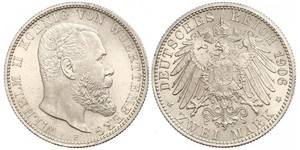 2 Mark Royaume de Wurtemberg (1806-1918) Argent Wilhelm II, German Emperor (1859-1941)