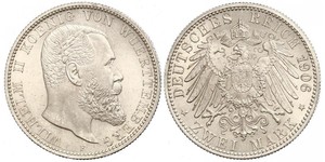 2 Mark Royaume de Wurtemberg (1806-1918) Argent Wilhelm II, German Emperor (1859-1941)