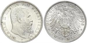 2 Mark Royaume de Wurtemberg (1806-1918) Argent Wilhelm II, German Emperor (1859-1941)