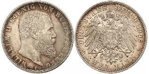 2 Mark Royaume de Wurtemberg (1806-1918) Argent Wilhelm II, German Emperor (1859-1941)