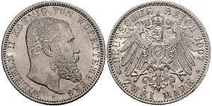 2 Mark Royaume de Wurtemberg (1806-1918) Argent Wilhelm II, German Emperor (1859-1941)