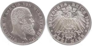 2 Mark Royaume de Wurtemberg (1806-1918) Argent Wilhelm II, German Emperor (1859-1941)