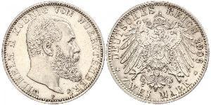 2 Mark Royaume de Wurtemberg (1806-1918) Argent Wilhelm II, German Emperor (1859-1941)