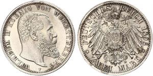 2 Mark Royaume de Wurtemberg (1806-1918) Argent Wilhelm II, German Emperor (1859-1941)