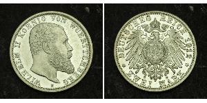 2 Mark Royaume de Wurtemberg (1806-1918) Argent Wilhelm II, German Emperor (1859-1941)