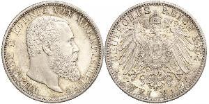 2 Mark Royaume de Wurtemberg (1806-1918) Argent Wilhelm II, German Emperor (1859-1941)