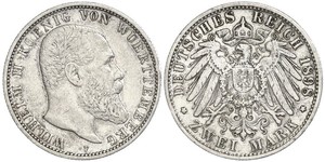 2 Mark Royaume de Wurtemberg (1806-1918) Argent Wilhelm II, German Emperor (1859-1941)