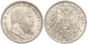 2 Mark Royaume de Wurtemberg (1806-1918) Argent Wilhelm II, German Emperor (1859-1941)