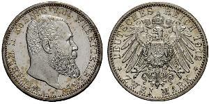 2 Mark Royaume de Wurtemberg (1806-1918) Argent Wilhelm II, German Emperor (1859-1941)