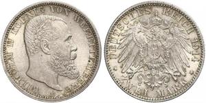 2 Mark Royaume de Wurtemberg (1806-1918) Argent Wilhelm II, German Emperor (1859-1941)