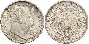 2 Mark Royaume de Wurtemberg (1806-1918) Argent Wilhelm II, German Emperor (1859-1941)