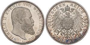 2 Mark Royaume de Wurtemberg (1806-1918) Argent Wilhelm II, German Emperor (1859-1941)