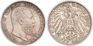 2 Mark Royaume de Wurtemberg (1806-1918) Argent Wilhelm II, German Emperor (1859-1941)