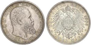 2 Mark Royaume de Wurtemberg (1806-1918) Argent Wilhelm II, German Emperor (1859-1941)