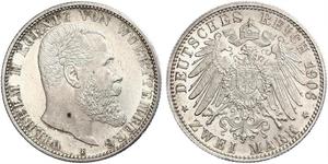 2 Mark Royaume de Wurtemberg (1806-1918) Argent Wilhelm II, German Emperor (1859-1941)