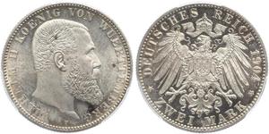 2 Mark Royaume de Wurtemberg (1806-1918) Argent Wilhelm II, German Emperor (1859-1941)