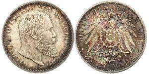 2 Mark Royaume de Wurtemberg (1806-1918) Argent Wilhelm II, German Emperor (1859-1941)