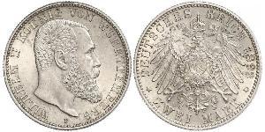 2 Mark Royaume de Wurtemberg (1806-1918) Argent Wilhelm II, German Emperor (1859-1941)