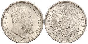 2 Mark Royaume de Wurtemberg (1806-1918) Argent Wilhelm II, German Emperor (1859-1941)