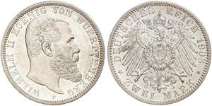 2 Mark Royaume de Wurtemberg (1806-1918) Argent Wilhelm II, German Emperor (1859-1941)