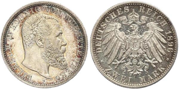 2 Mark Royaume de Wurtemberg (1806-1918) Argent Wilhelm II, German Emperor (1859-1941)