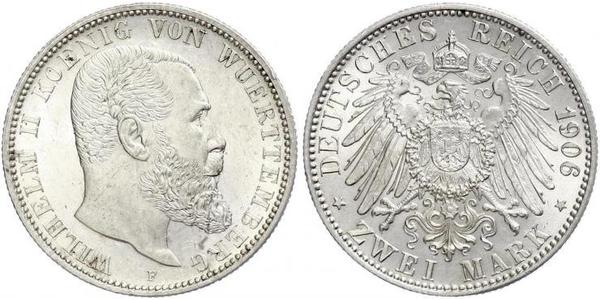 2 Mark Royaume de Wurtemberg (1806-1918) Argent Wilhelm II, German Emperor (1859-1941)