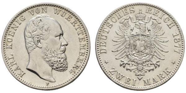 2 Mark Royaume de Wurtemberg (1806-1918) Argent Charles Ier de Wurtemberg