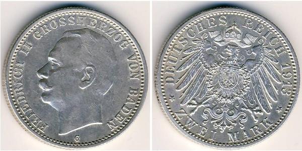 2 Mark Grand Duchy of Baden (1806-1918) Argento Federico II di Baden (1857 - 1928)
