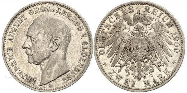 2 Mark Grand Duchy of Oldenburg (1814 - 1918) Argento Federico Augusto III di Sassonia (1865-1932)