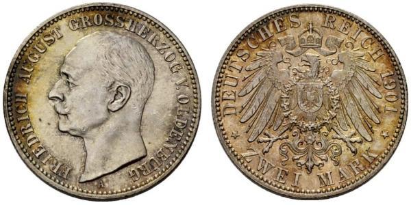 2 Mark Grand Duchy of Oldenburg (1814 - 1918) Argento Federico Augusto III di Sassonia (1865-1932)
