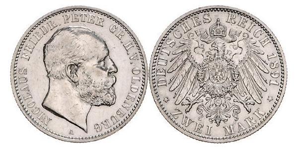 2 Mark Grand Duchy of Oldenburg (1814 - 1918) Argento Pietro II di Oldenburg (1827 - 1900)