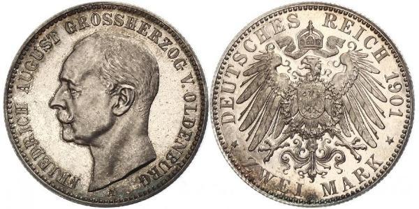 2 Mark Grand Duchy of Oldenburg (1814 - 1918) Argento Federico Augusto III di Sassonia (1865-1932)