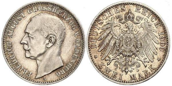 2 Mark Grand Duchy of Oldenburg (1814 - 1918) Argento Federico Augusto III di Sassonia (1865-1932)