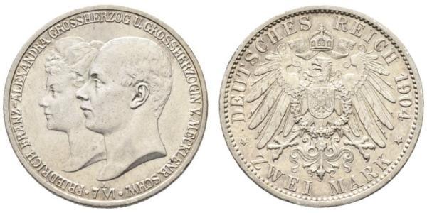 2 Mark Meclemburgo-Schwerin (1352-1918) Argento Frederick Francis IV, Grand Duke of Mecklenburg (1882 - 1945)