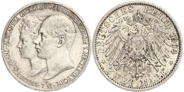 2 Mark Meclemburgo-Schwerin (1352-1918) Argento Frederick Francis IV, Grand Duke of Mecklenburg (1882 - 1945)
