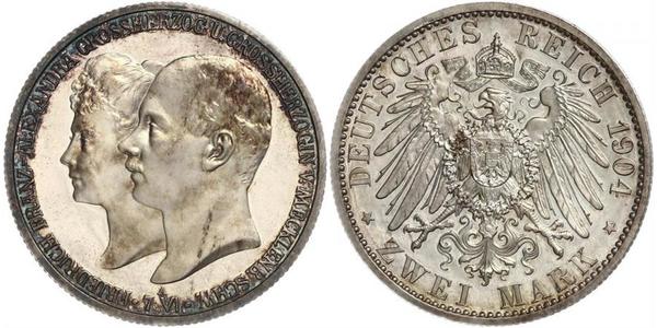 2 Mark Meclemburgo-Schwerin (1352-1918) Argento Frederick Francis IV, Grand Duke of Mecklenburg (1882 - 1945)