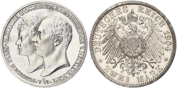 2 Mark Meclemburgo-Schwerin (1352-1918) Argento Frederick Francis IV, Grand Duke of Mecklenburg (1882 - 1945)