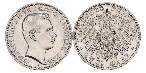 2 Mark Meclemburgo-Schwerin (1352-1918) Argento Frederick Francis IV, Grand Duke of Mecklenburg (1882 - 1945)