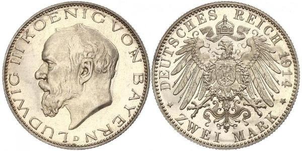 2 Mark Regno di Baviera (1806 - 1918) Argento Ludovico III di Baviera (1845 – 1921)
