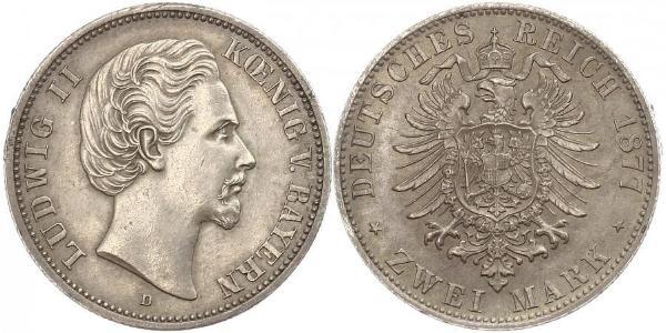 2 Mark Regno di Baviera (1806 - 1918) Argento Ludovico II di Baviera(1845 – 1886)