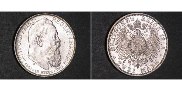 2 Mark Regno di Baviera (1806 - 1918) Argento Ottone di Baviera(1848 – 1916)