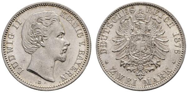 2 Mark Regno di Baviera (1806 - 1918) Argento Ludovico II di Baviera(1845 – 1886)