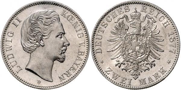 2 Mark Regno di Baviera (1806 - 1918) Argento Ludovico II di Baviera(1845 – 1886)